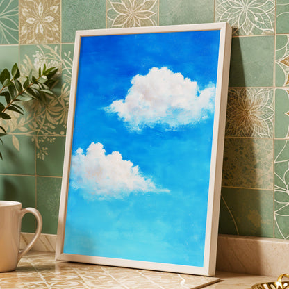 Clouds in Cobalt, blue, white, beige nature wall art displayed in a styled interior, gallery view 9