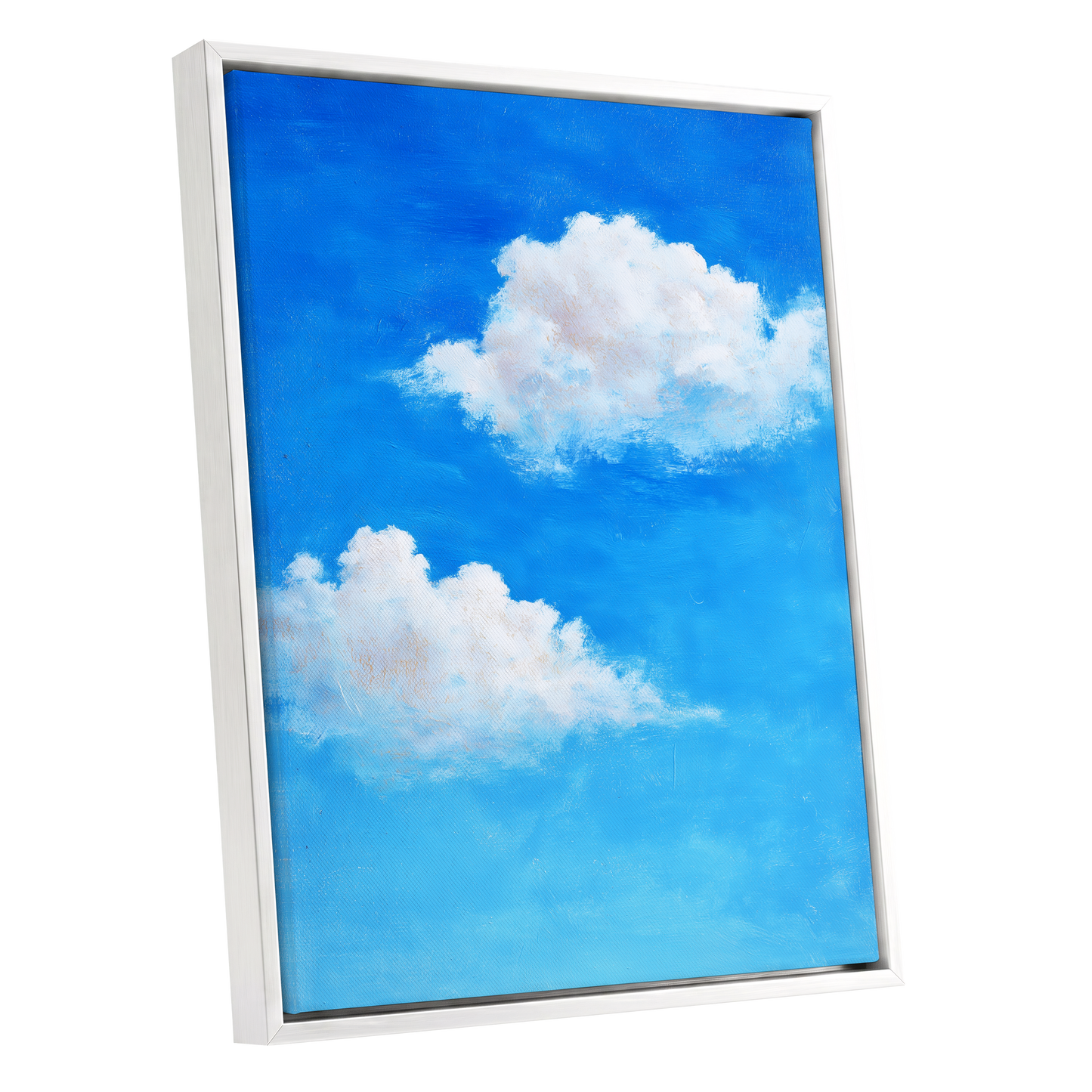 Clouds in Cobalt, blue, white, beige nature wall art shown as a white framed canvas wall art