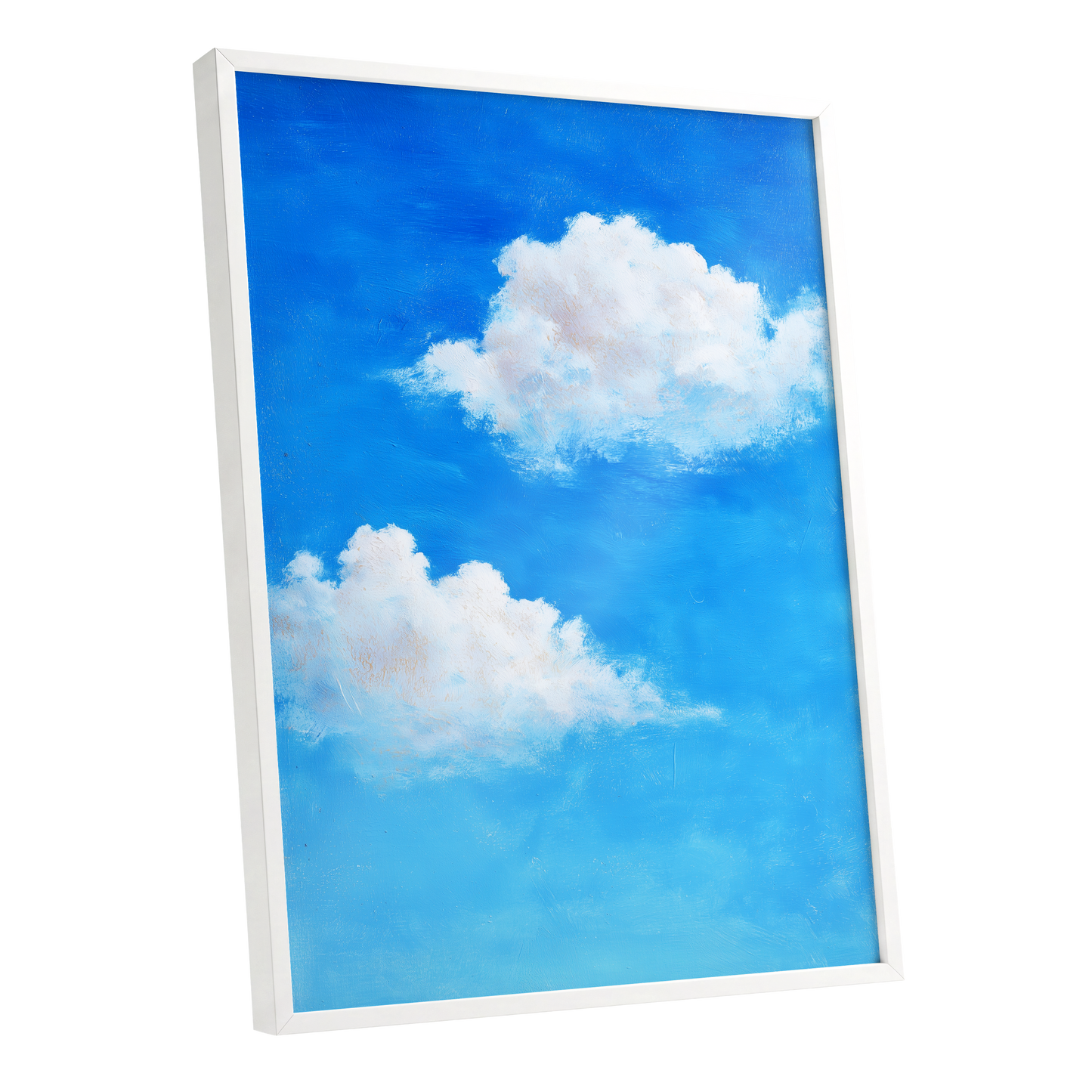 Clouds in Cobalt, blue, white, beige nature wall art shown as a white framed poster wall art print