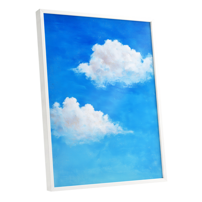 Clouds in Cobalt, blue, white, beige nature wall art shown as a white framed poster wall art print