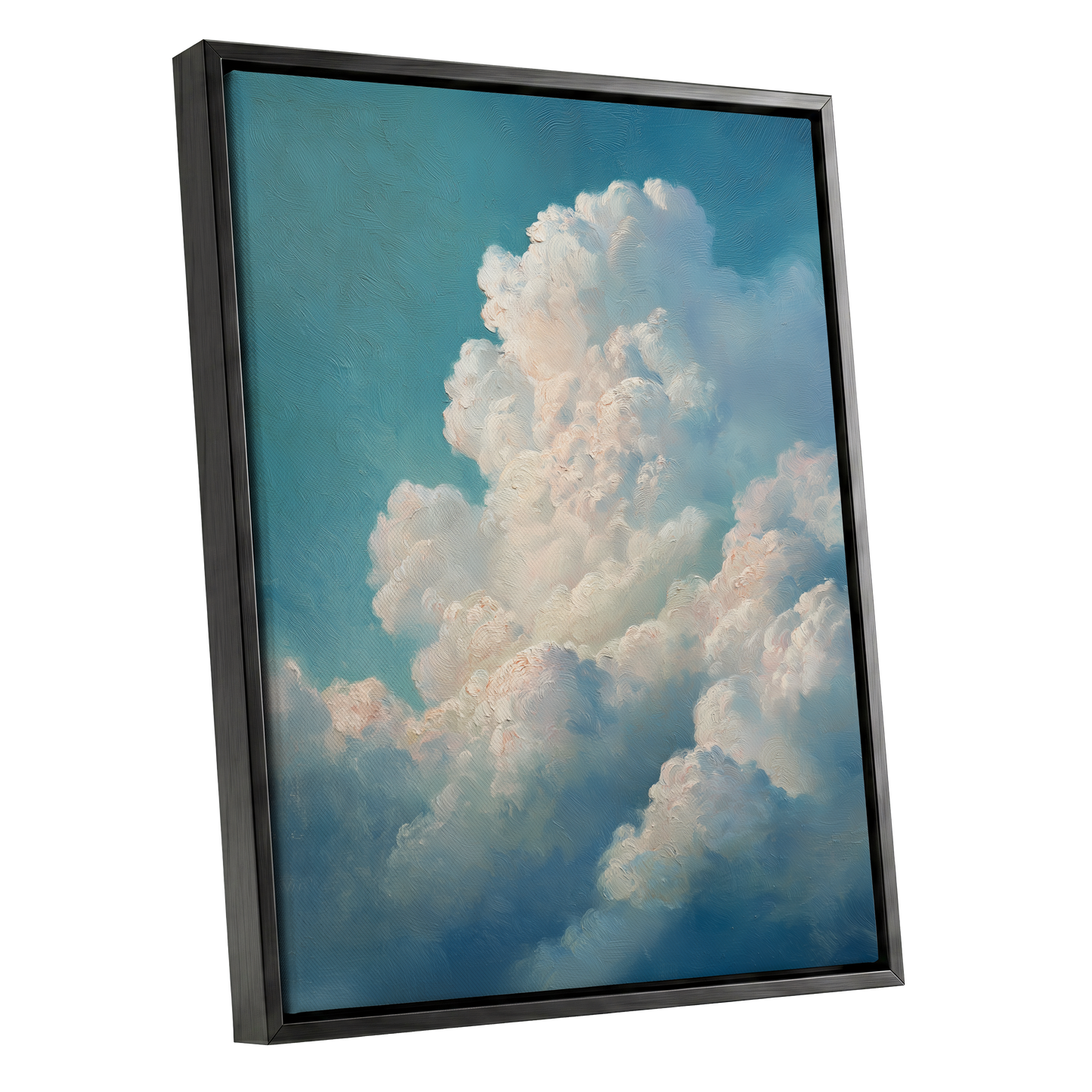 Clouds in Quiet Ascent, blue, white, beige nature wall art shown as a black framed canvas wall art