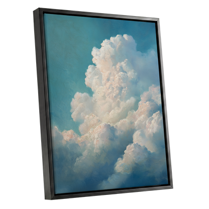 Clouds in Quiet Ascent, blue, white, beige nature wall art shown as a black framed canvas wall art