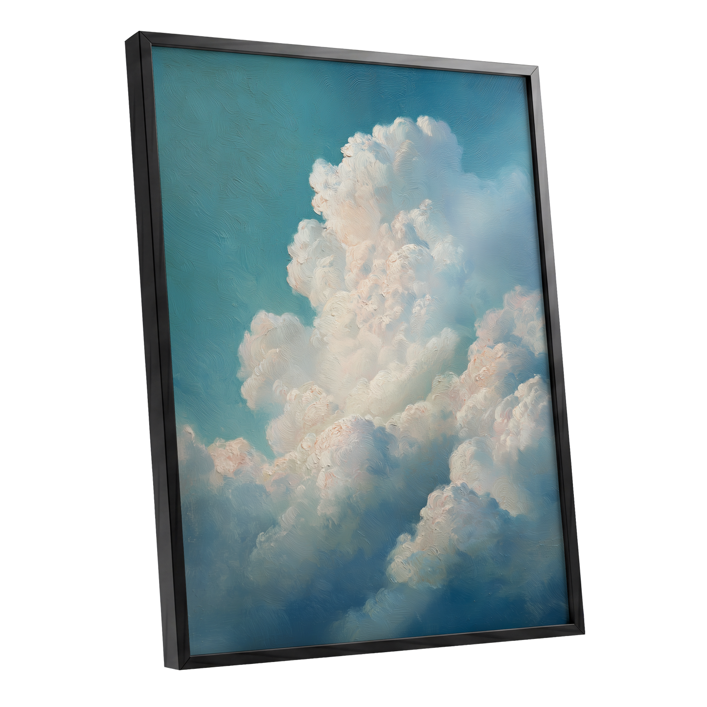 Clouds in Quiet Ascent, blue, white, beige nature wall art shown as a black framed poster wall art print