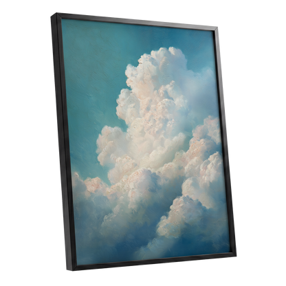 Clouds in Quiet Ascent, blue, white, beige nature wall art shown as a black framed poster wall art print
