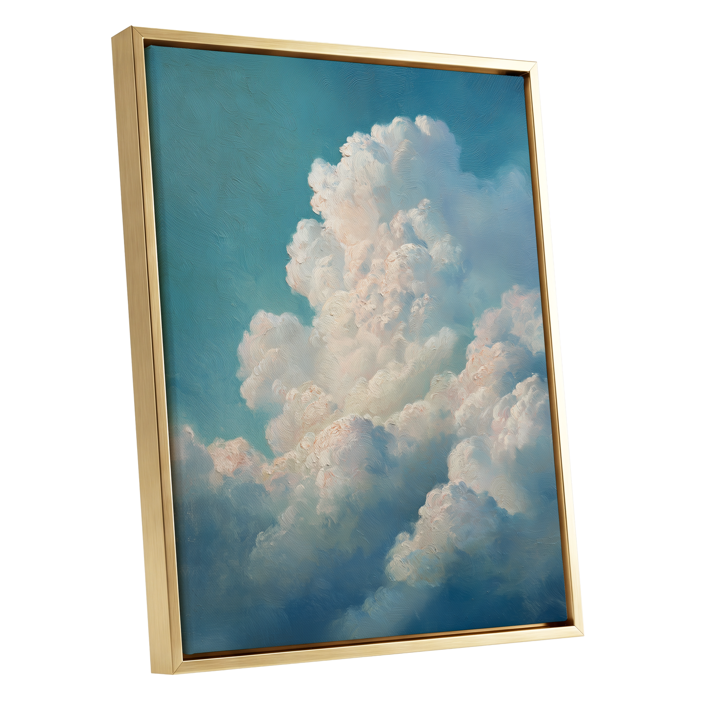 Clouds in Quiet Ascent, blue, white, beige nature wall art shown as a gold framed canvas wall art
