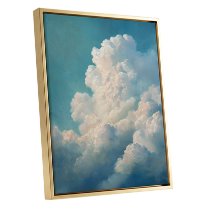 Clouds in Quiet Ascent, blue, white, beige nature wall art shown as a gold framed canvas wall art