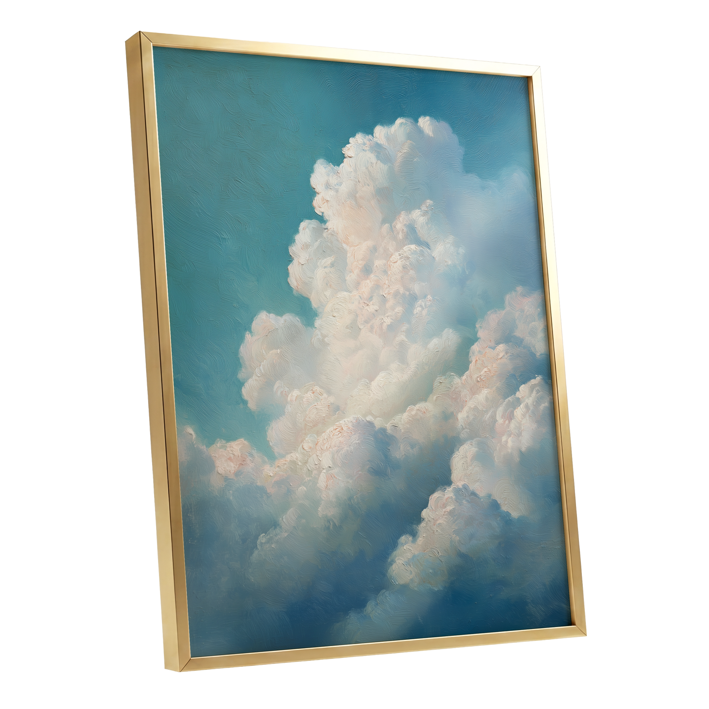Clouds in Quiet Ascent, blue, white, beige nature wall art shown as a gold framed poster wall art print