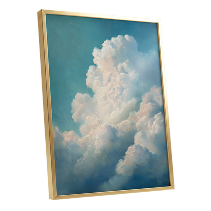 Clouds in Quiet Ascent, blue, white, beige nature wall art shown as a gold framed poster wall art print