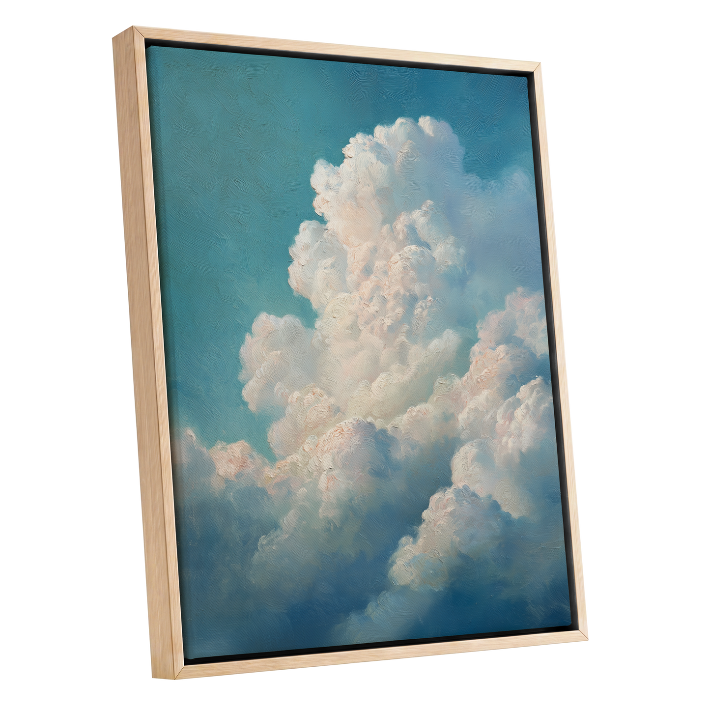 Clouds in Quiet Ascent, blue, white, beige nature wall art shown as a oak framed canvas wall art