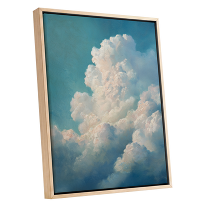 Clouds in Quiet Ascent, blue, white, beige nature wall art shown as a oak framed canvas wall art