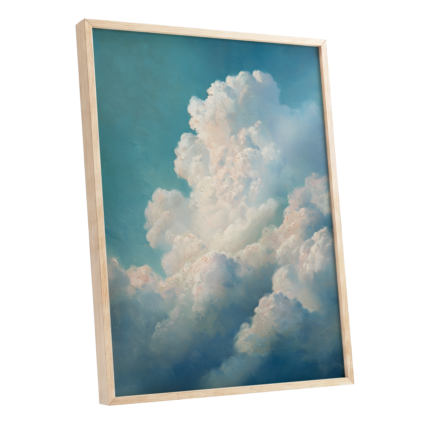 Clouds in Quiet Ascent, blue, white, beige nature wall art shown as a oak framed poster wall art print