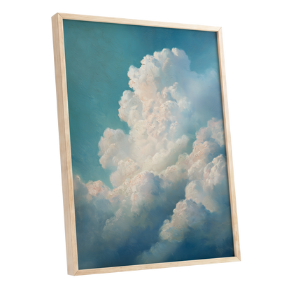 Clouds in Quiet Ascent, blue, white, beige nature wall art shown as a oak framed poster wall art print