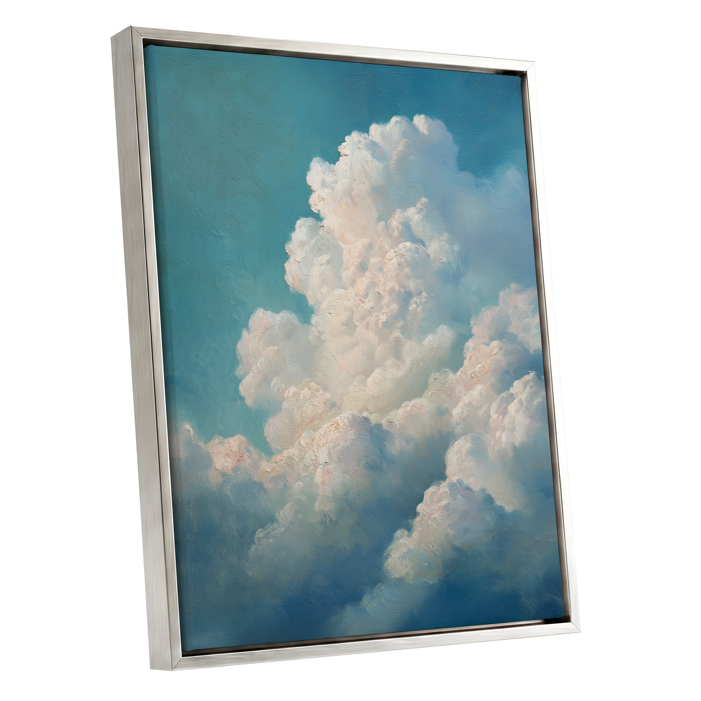 Clouds in Quiet Ascent, blue, white, beige nature wall art shown as a silver framed canvas wall art