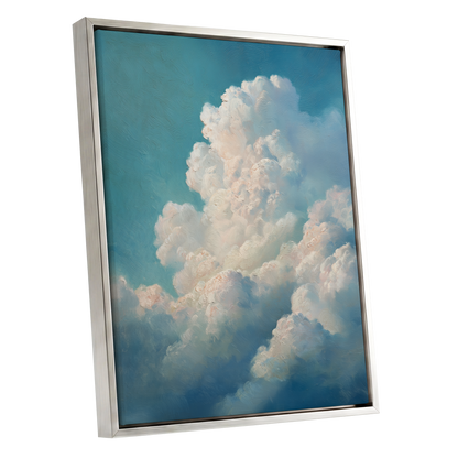 Clouds in Quiet Ascent, blue, white, beige nature wall art shown as a silver framed canvas wall art