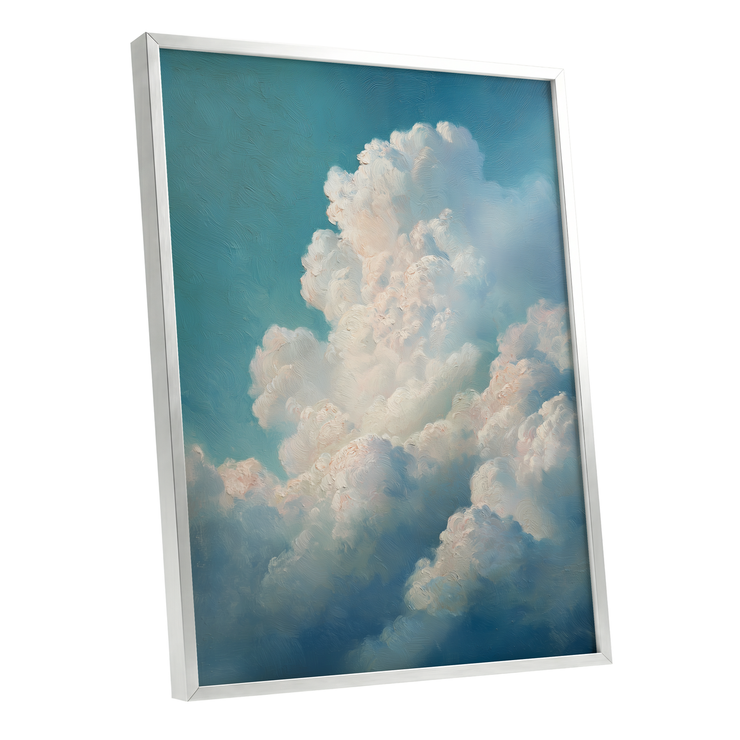 Clouds in Quiet Ascent, blue, white, beige nature wall art shown as a silver framed poster wall art print