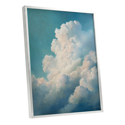 Clouds in Quiet Ascent, blue, white, beige nature wall art shown as a silver framed poster wall art print