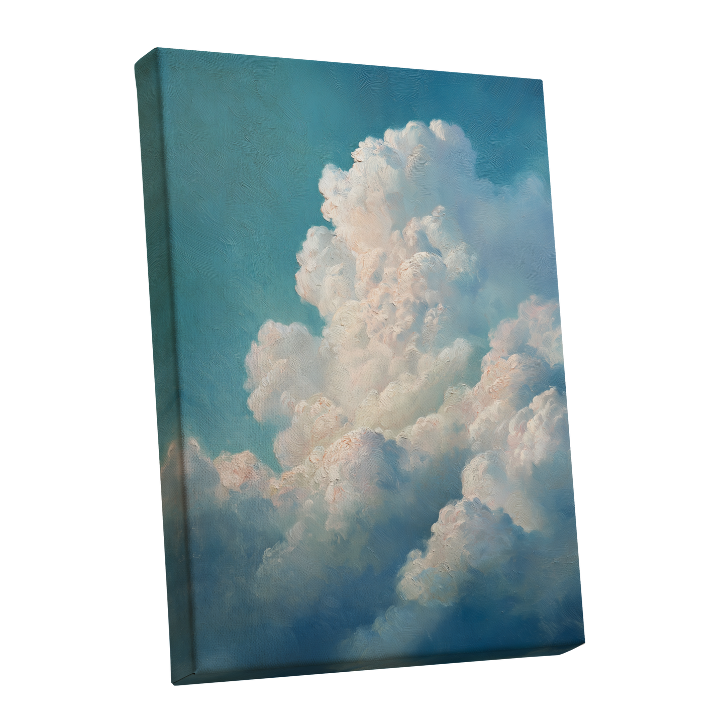 Clouds in Quiet Ascent, blue, white, beige nature wall art shown as a stretched canvas wall art