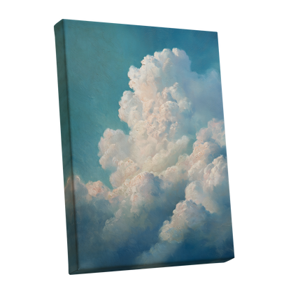 Clouds in Quiet Ascent, blue, white, beige nature wall art shown as a stretched canvas wall art