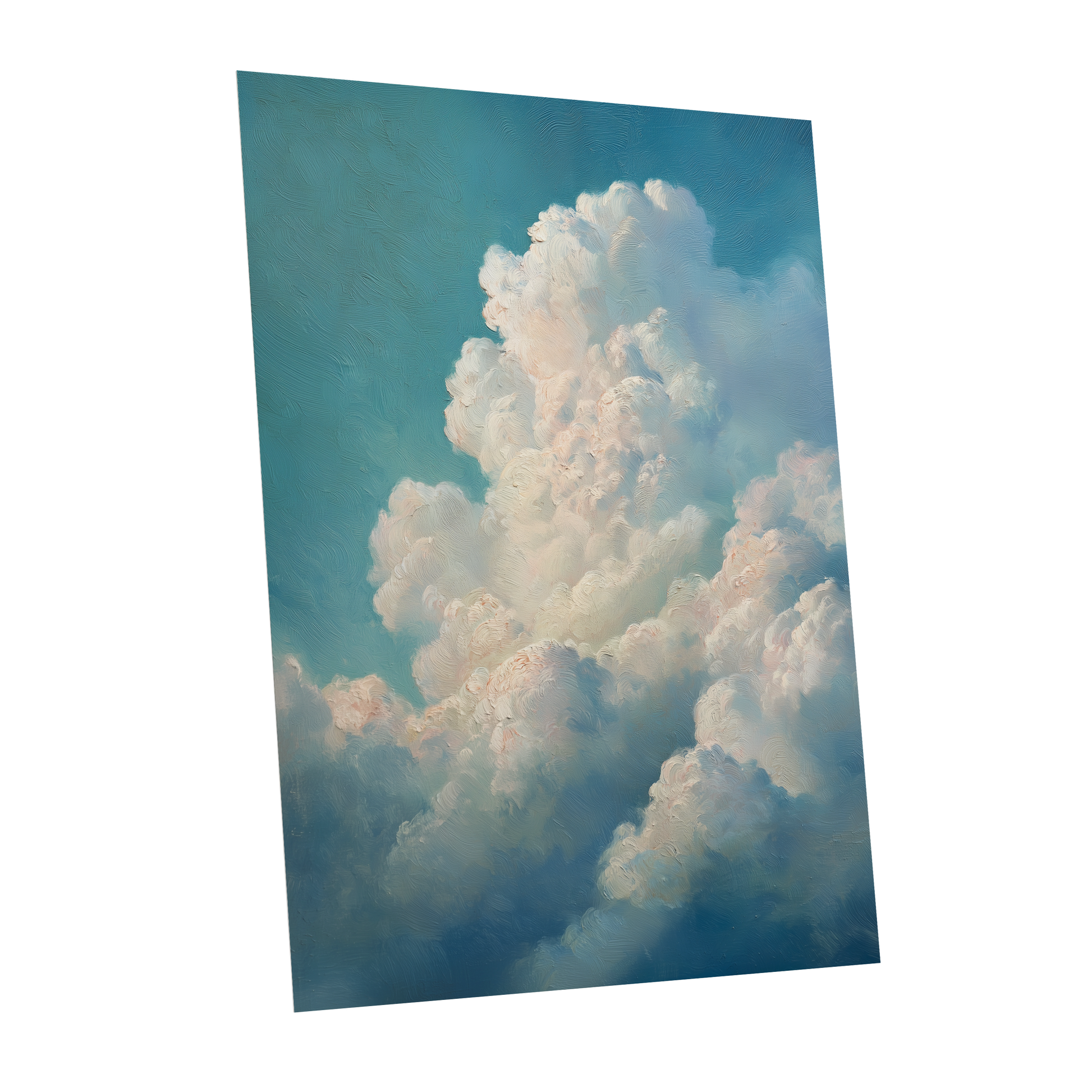 Clouds in Quiet Ascent, blue, white, beige nature wall art shown as a unframed poster wall art print