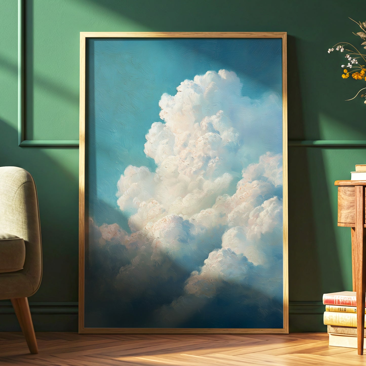 Clouds in Quiet Ascent, blue, white, beige nature wall art displayed in a styled interior, gallery view 2