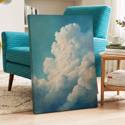 Clouds in Quiet Ascent, blue, white, beige nature wall art displayed in a styled interior, gallery view 3