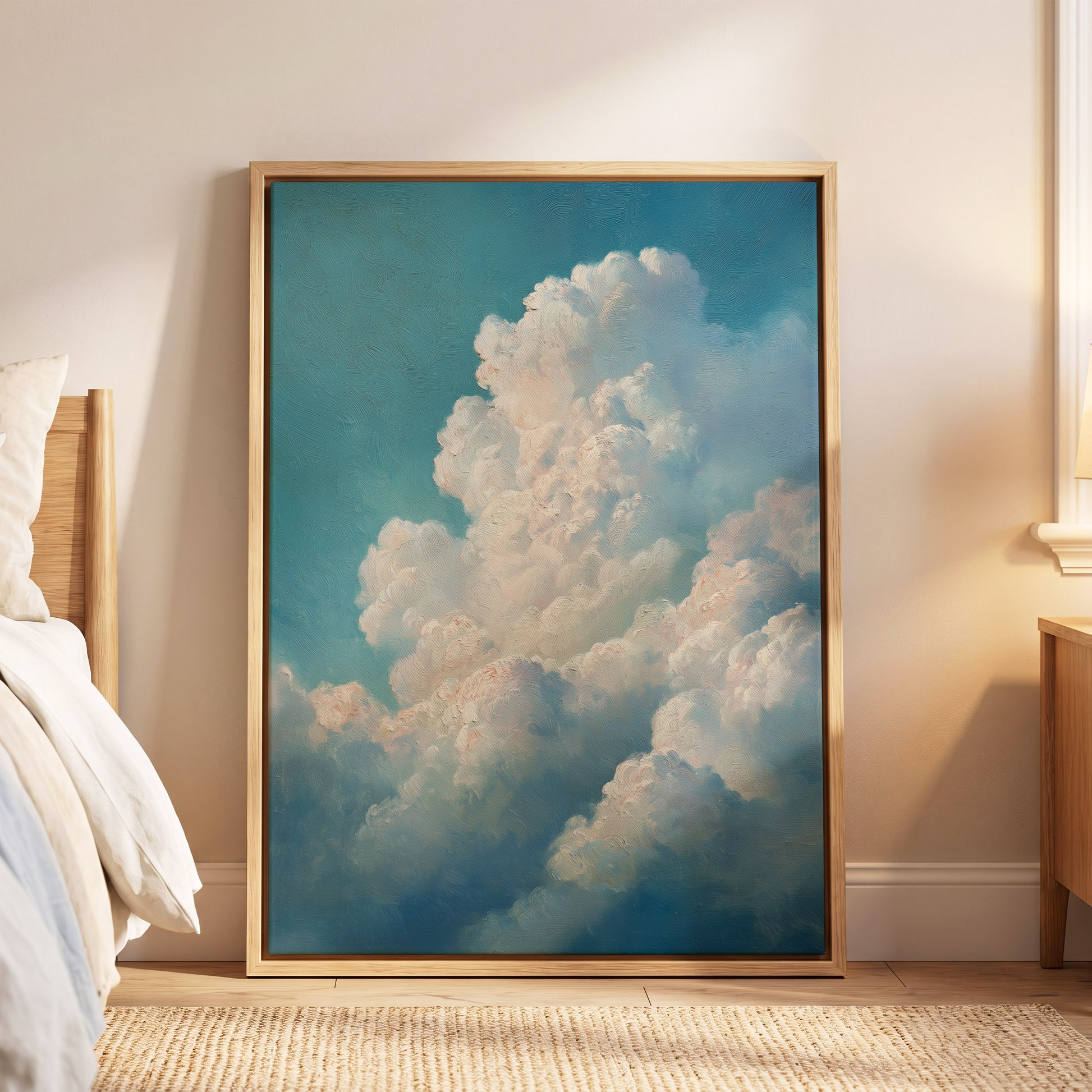 Clouds in Quiet Ascent, blue, white, beige nature wall art displayed in a styled interior, gallery view 4