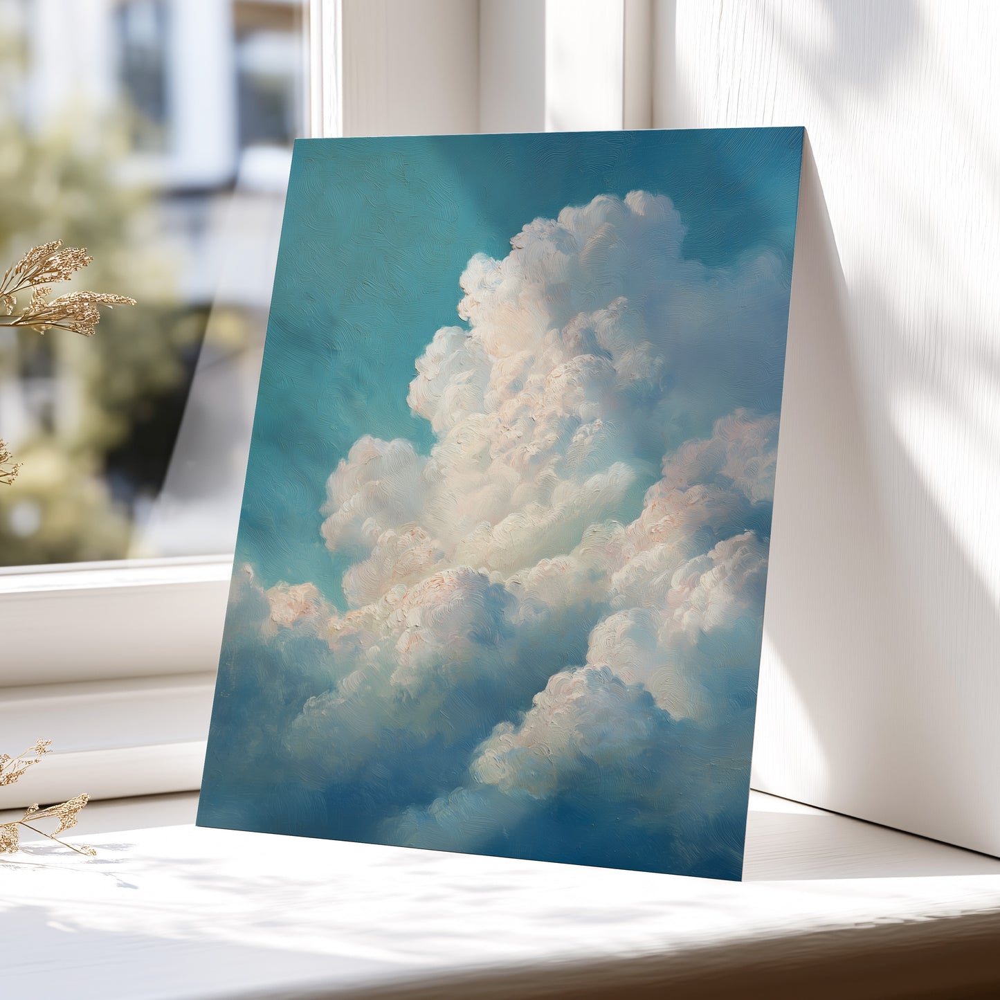 Clouds in Quiet Ascent, blue, white, beige nature wall art displayed in a styled interior, gallery view 5