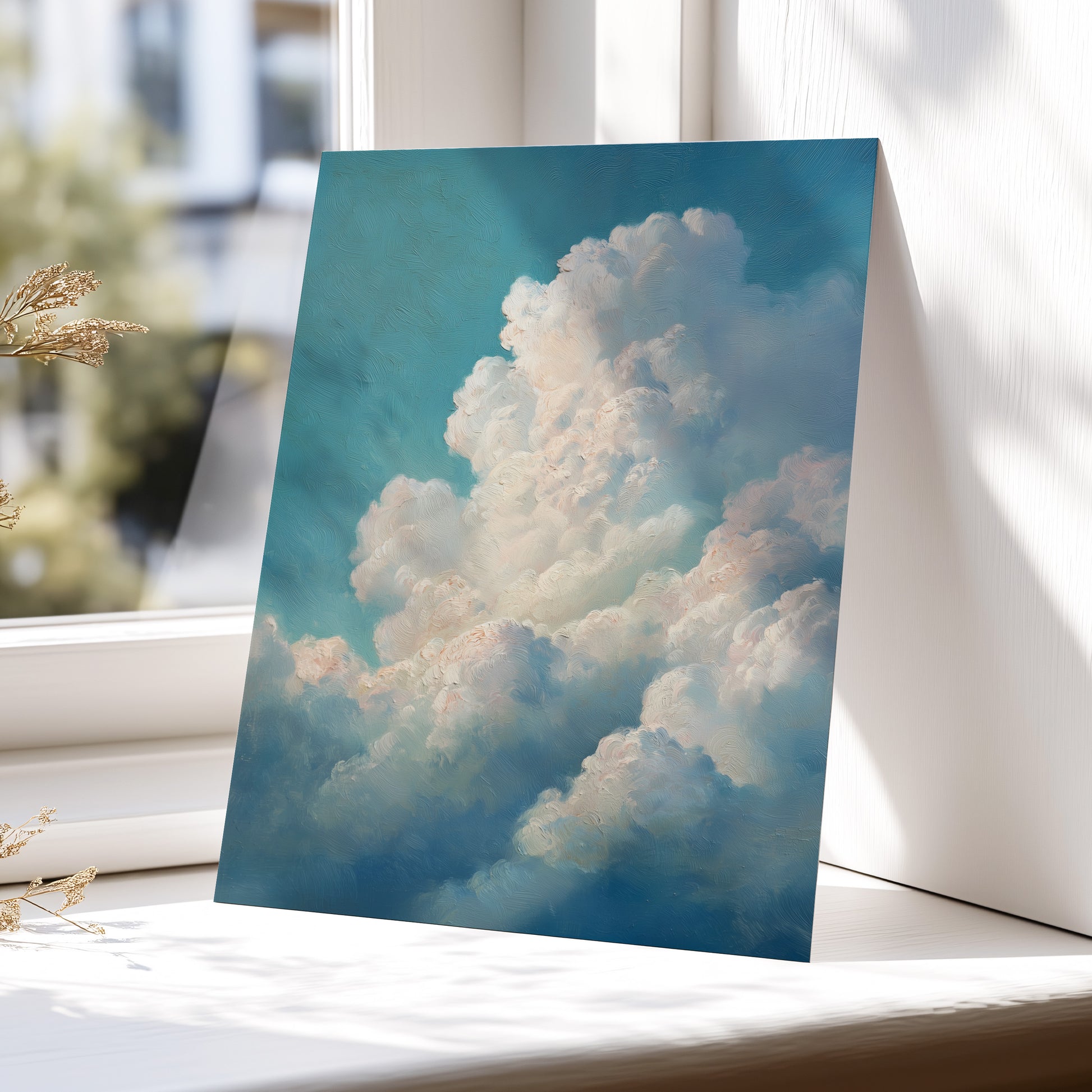 Clouds in Quiet Ascent, blue, white, beige nature wall art displayed in a styled interior, gallery view 5
