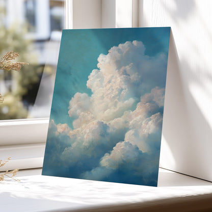 Clouds in Quiet Ascent, blue, white, beige nature wall art displayed in a styled interior, gallery view 5