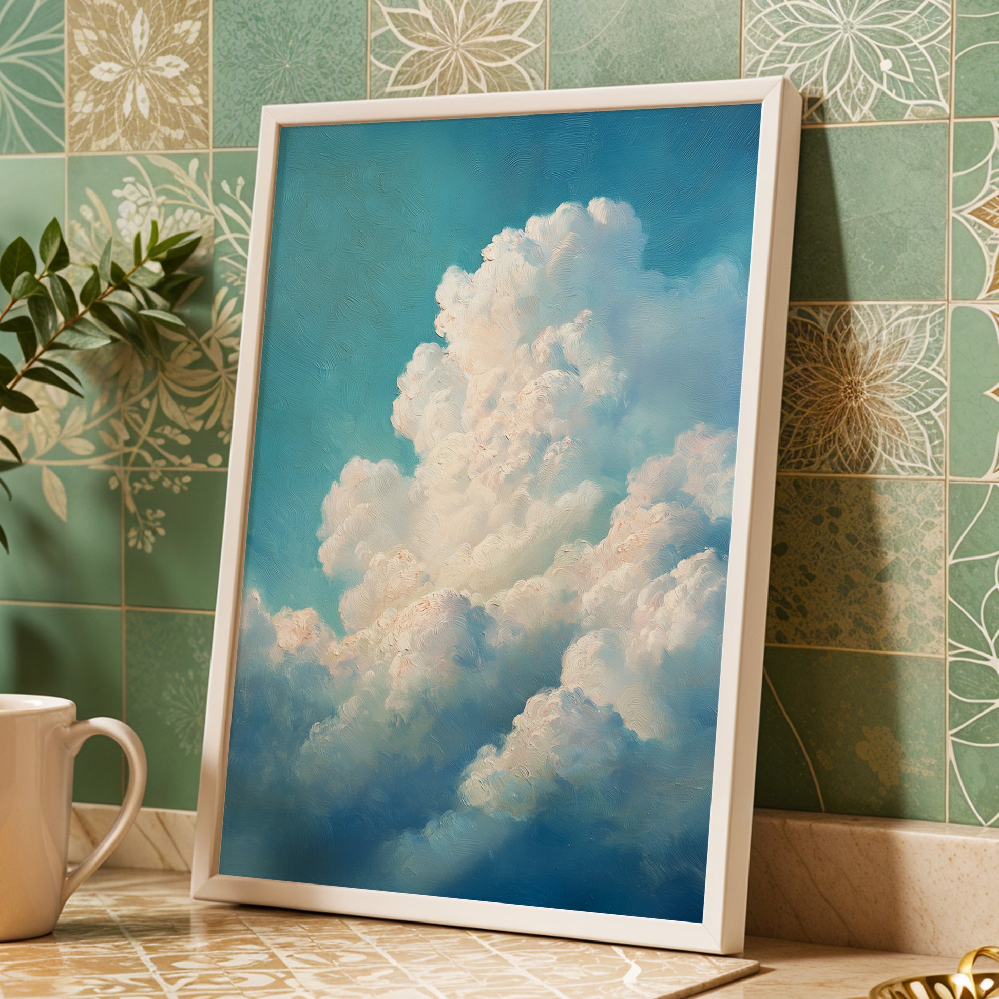 Clouds in Quiet Ascent, blue, white, beige nature wall art displayed in a styled interior, gallery view 6