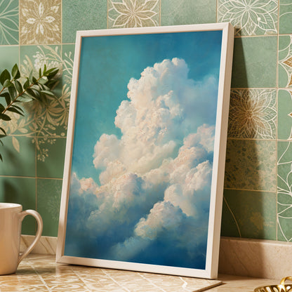 Clouds in Quiet Ascent, blue, white, beige nature wall art displayed in a styled interior, gallery view 6