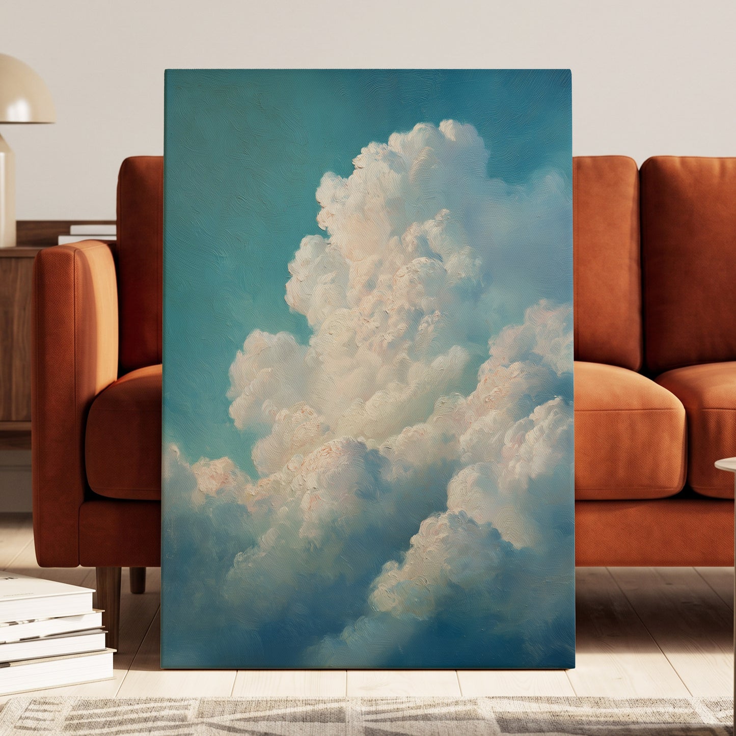 Clouds in Quiet Ascent, blue, white, beige nature wall art displayed in a styled interior, gallery view 7
