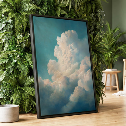 Clouds in Quiet Ascent, blue, white, beige nature wall art displayed in a styled interior, gallery view 8
