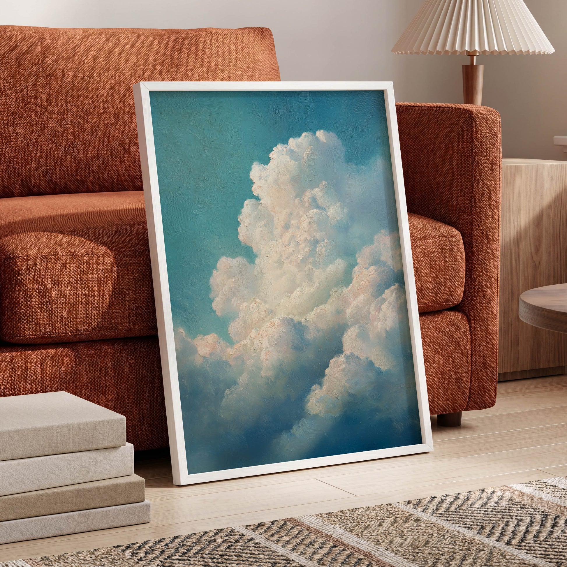 Clouds in Quiet Ascent, blue, white, beige nature wall art displayed in a styled interior, gallery view 9