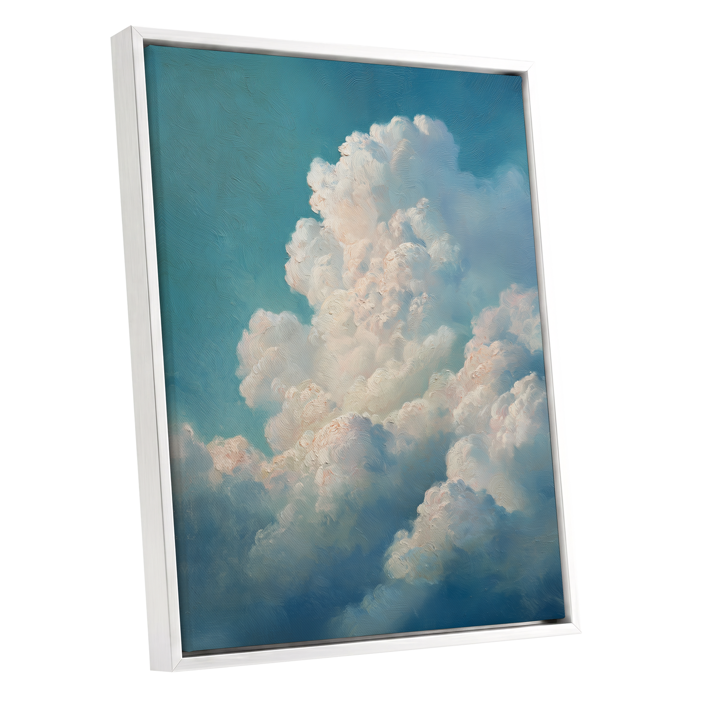 Clouds in Quiet Ascent, blue, white, beige nature wall art shown as a white framed canvas wall art