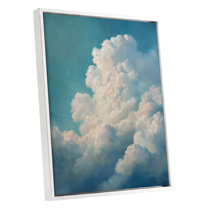 Clouds in Quiet Ascent, blue, white, beige nature wall art shown as a white framed canvas wall art