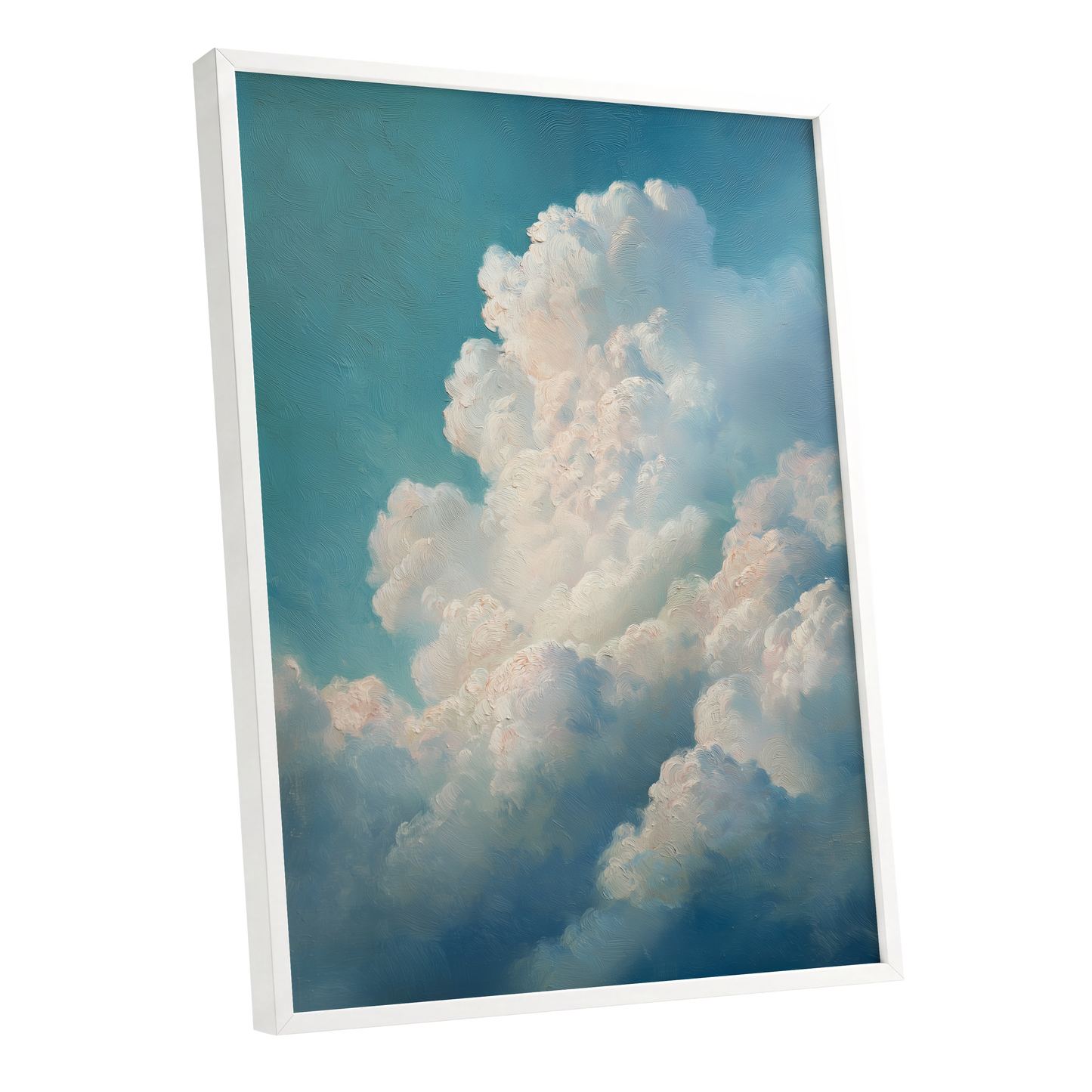 Clouds in Quiet Ascent, blue, white, beige nature wall art shown as a white framed poster wall art print
