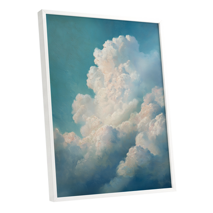 Clouds in Quiet Ascent, blue, white, beige nature wall art shown as a white framed poster wall art print