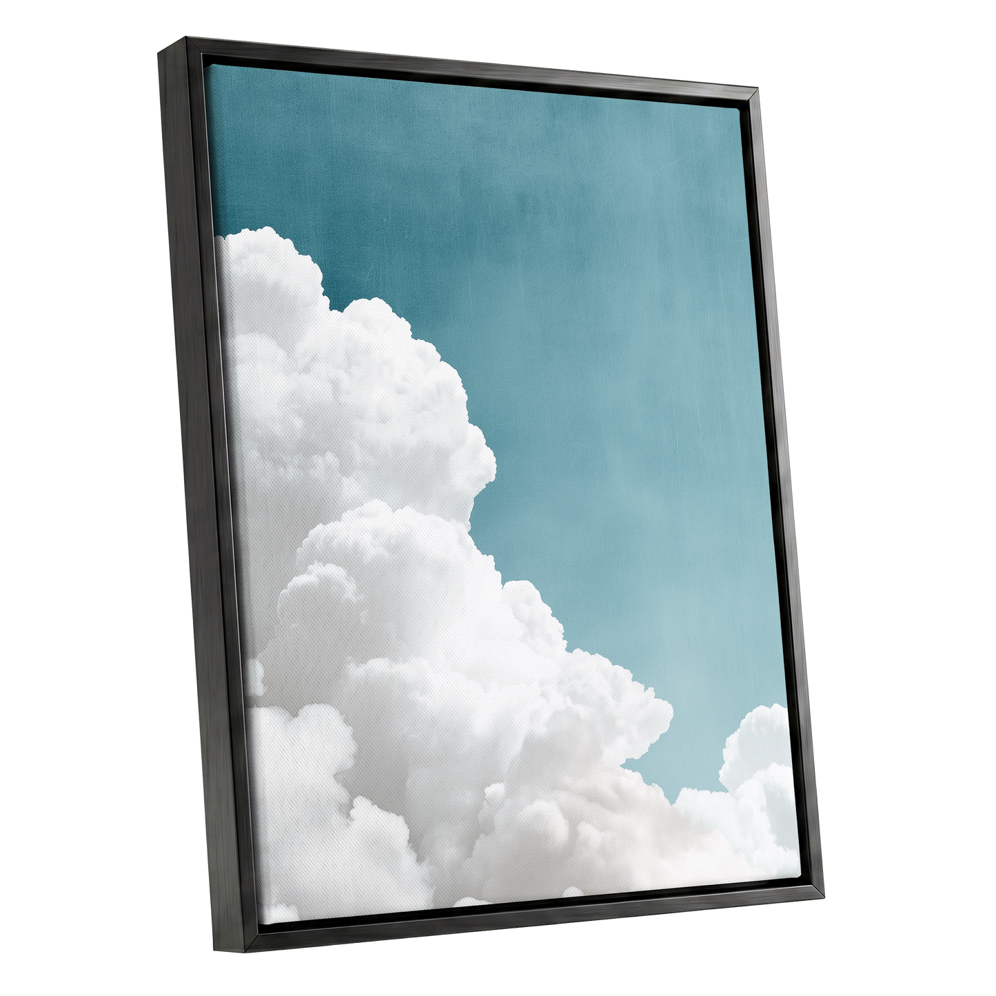 Clouds in Quiet Blue, blue, white, gray nature wall art shown as a black framed canvas wall art