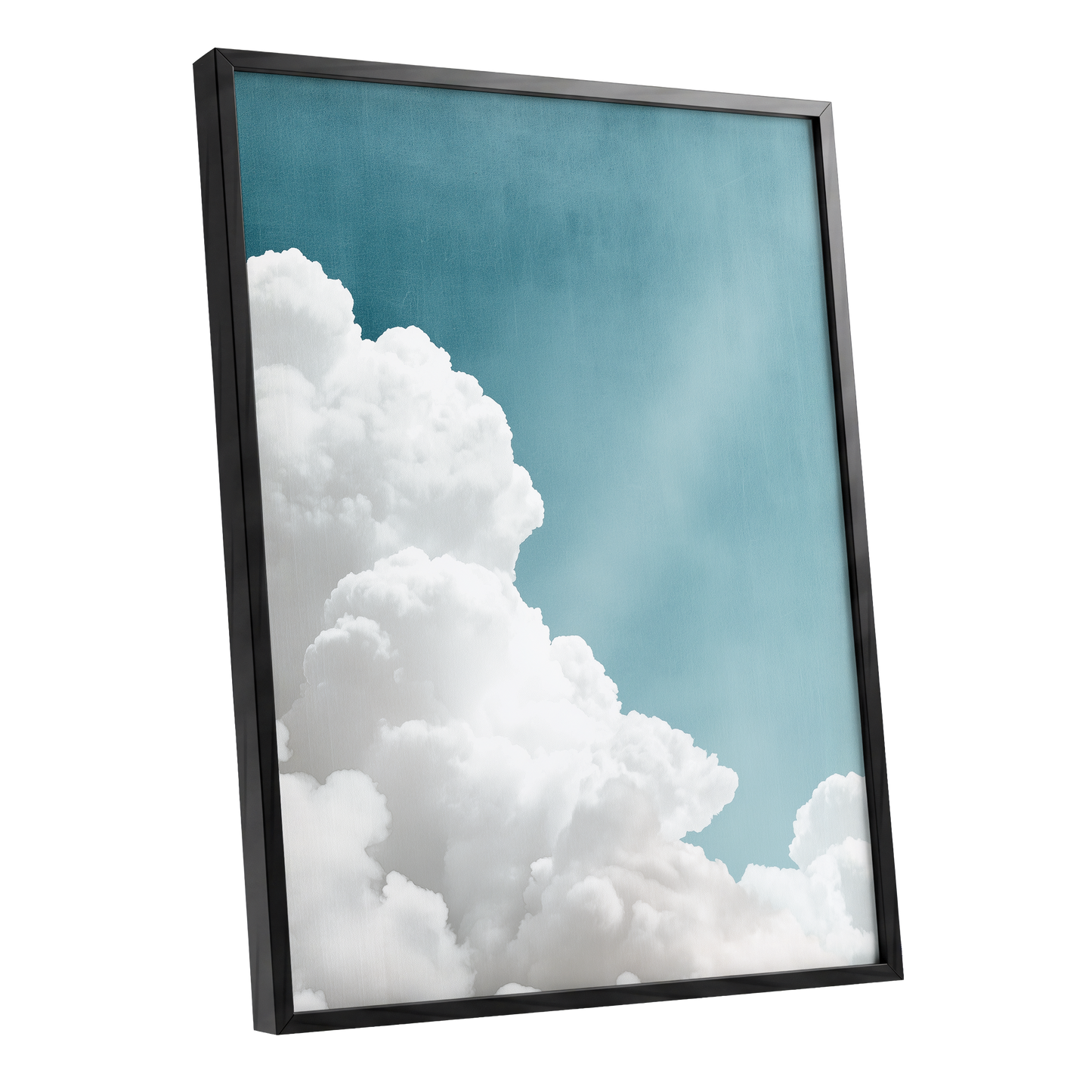 Clouds in Quiet Blue, blue, white, gray nature wall art shown as a black framed poster wall art print