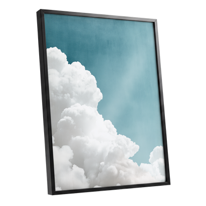 Clouds in Quiet Blue, blue, white, gray nature wall art shown as a black framed poster wall art print