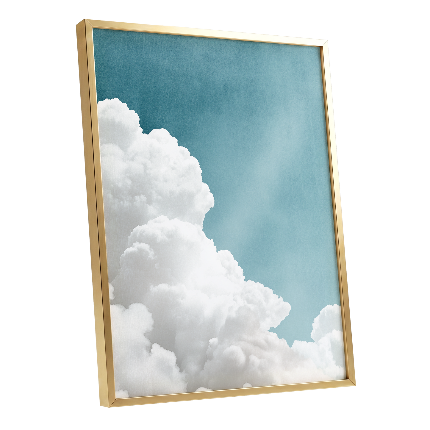 Clouds in Quiet Blue, blue, white, gray nature wall art shown as a gold framed poster wall art print