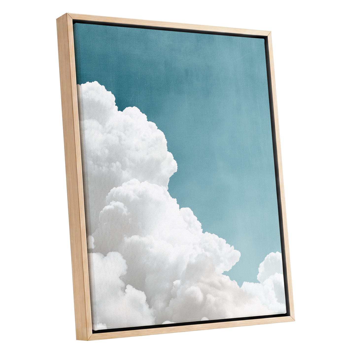 Clouds in Quiet Blue, blue, white, gray nature wall art shown as a oak framed canvas wall art