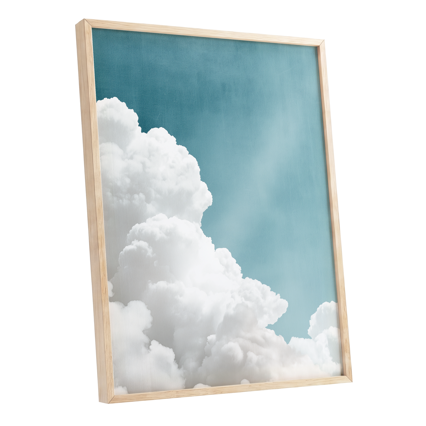 Clouds in Quiet Blue, blue, white, gray nature wall art shown as a oak framed poster wall art print