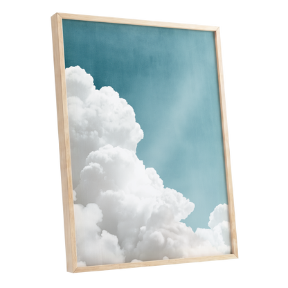Clouds in Quiet Blue, blue, white, gray nature wall art shown as a oak framed poster wall art print
