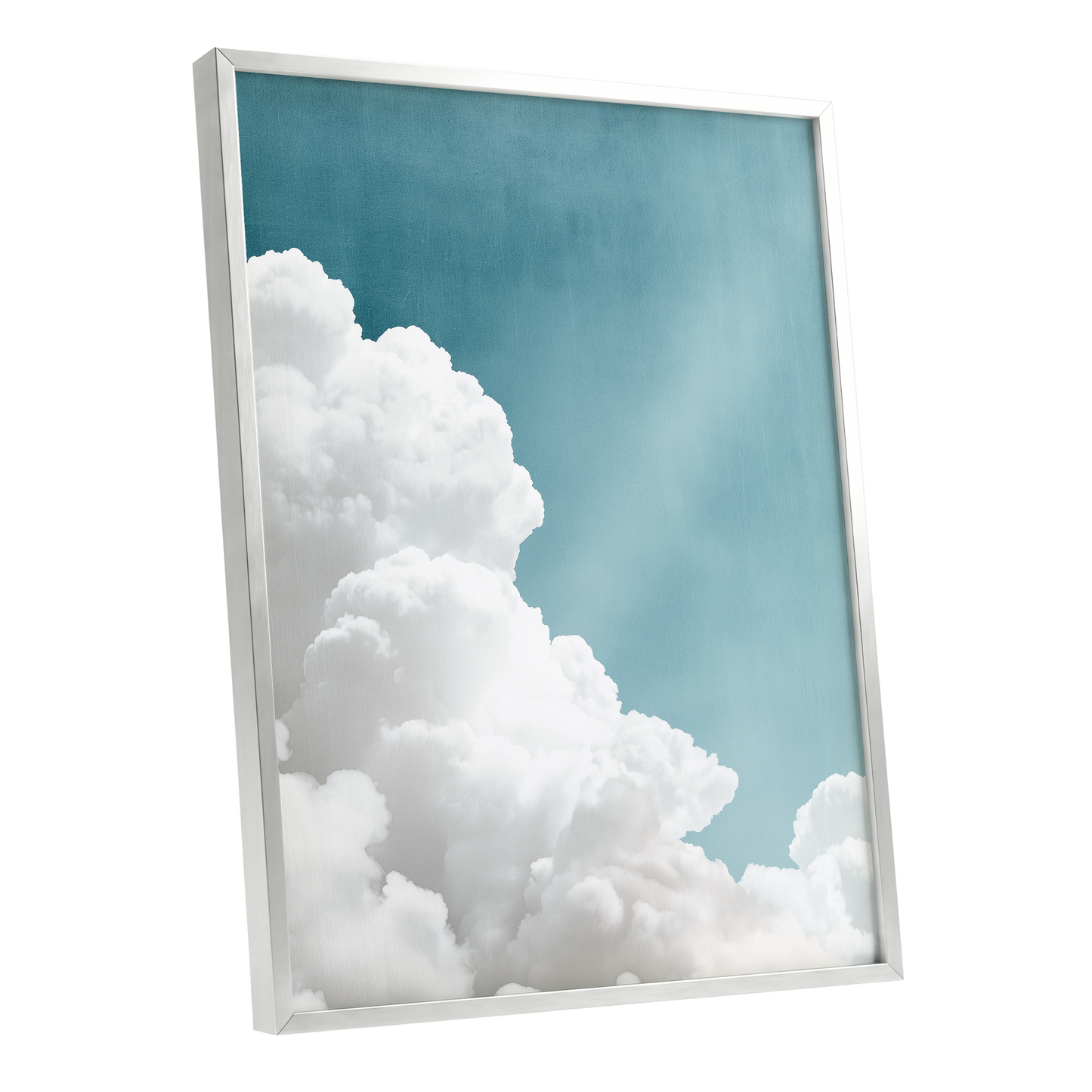 Clouds in Quiet Blue, blue, white, gray nature wall art shown as a silver framed poster wall art print