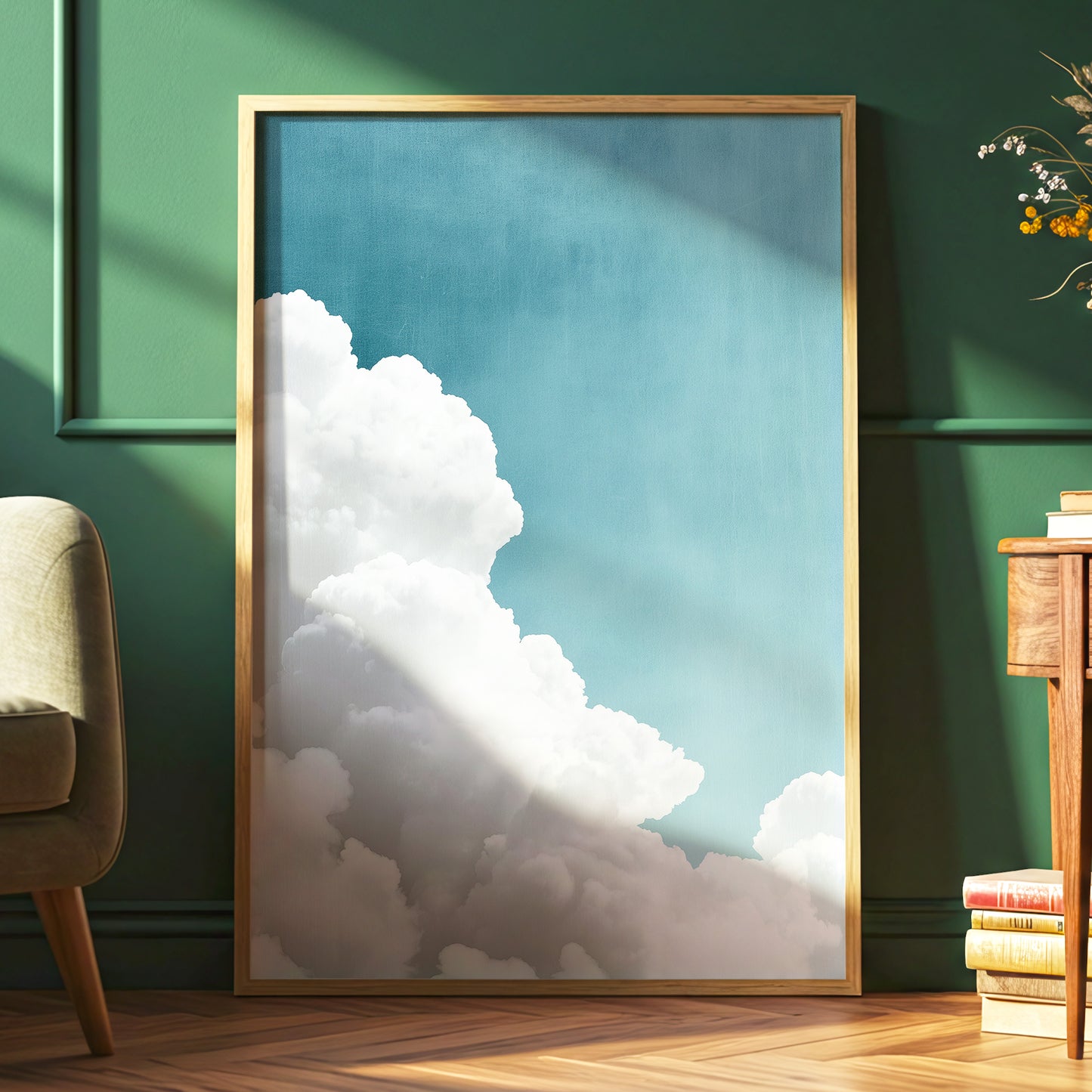 Clouds in Quiet Blue, blue, white, gray nature wall art displayed in a styled interior, gallery view 2