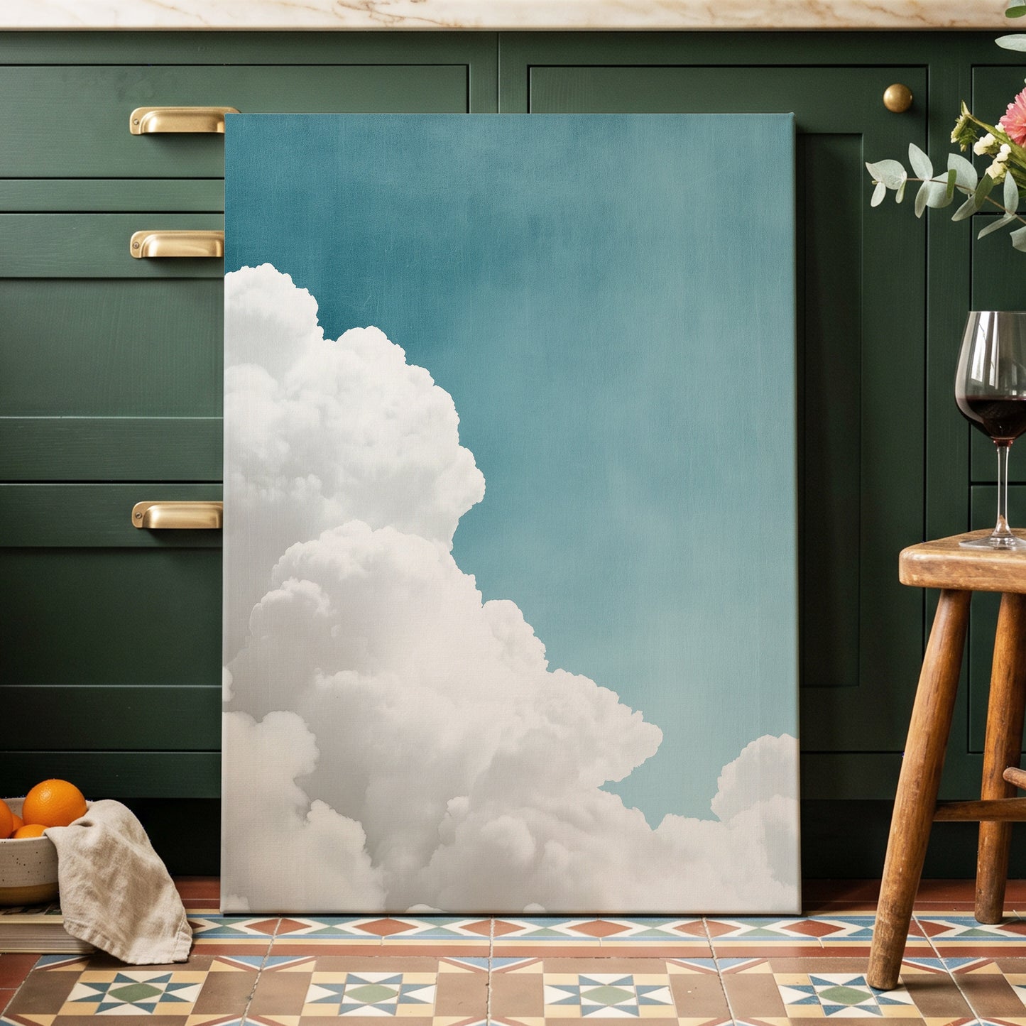 Clouds in Quiet Blue, blue, white, gray nature wall art displayed in a styled interior, gallery view 3