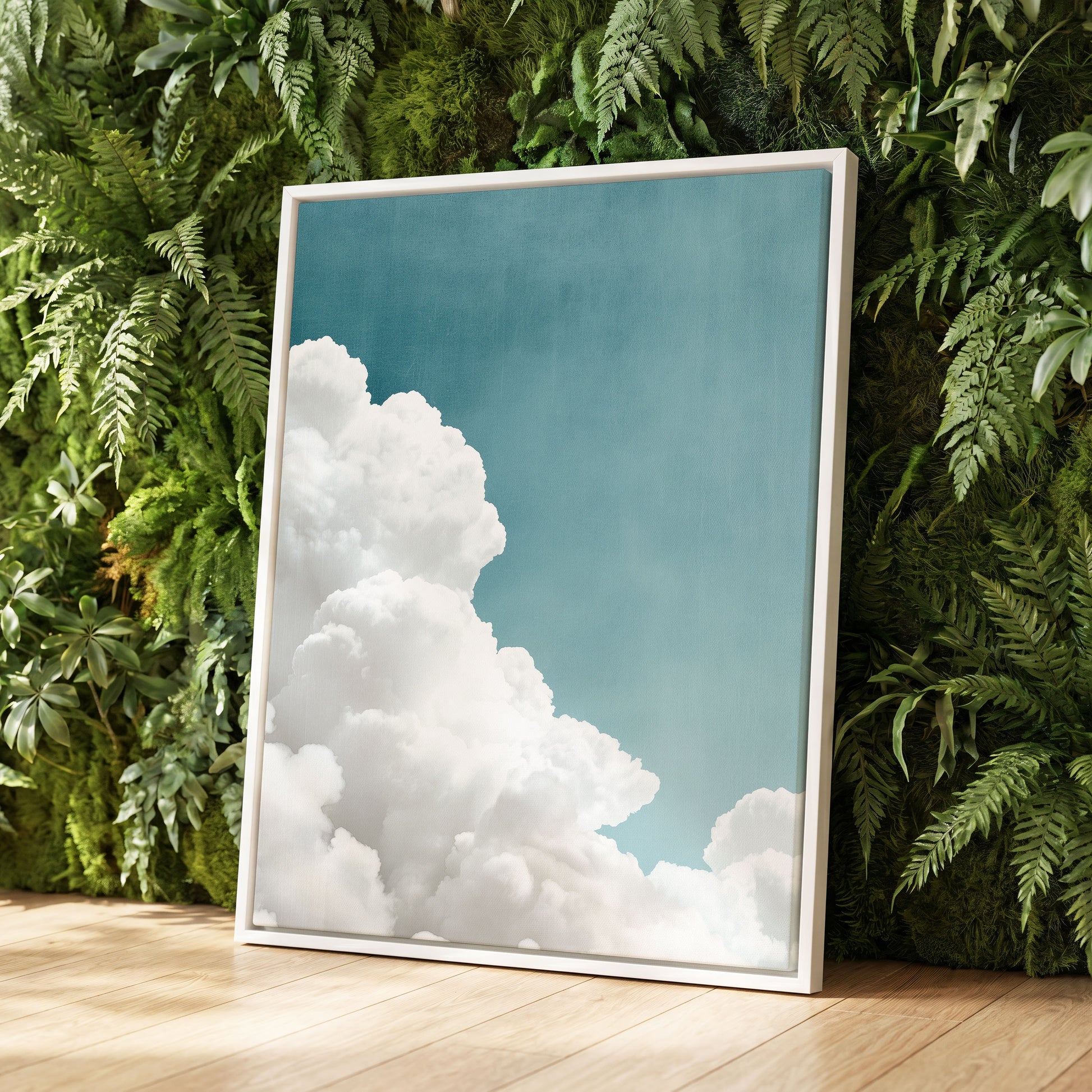 Clouds in Quiet Blue, blue, white, gray nature wall art displayed in a styled interior, gallery view 4