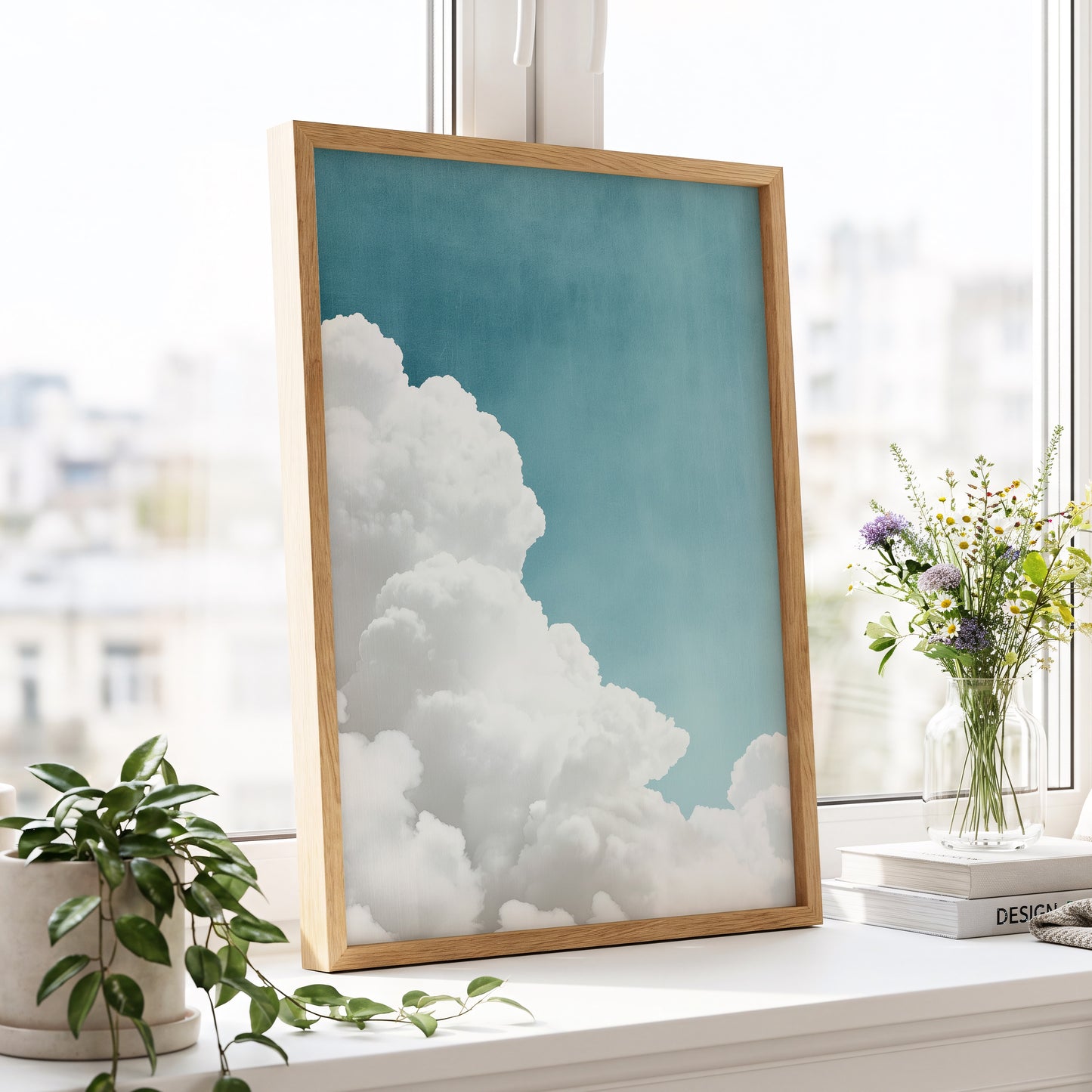 Clouds in Quiet Blue, blue, white, gray nature wall art displayed in a styled interior, gallery view 6